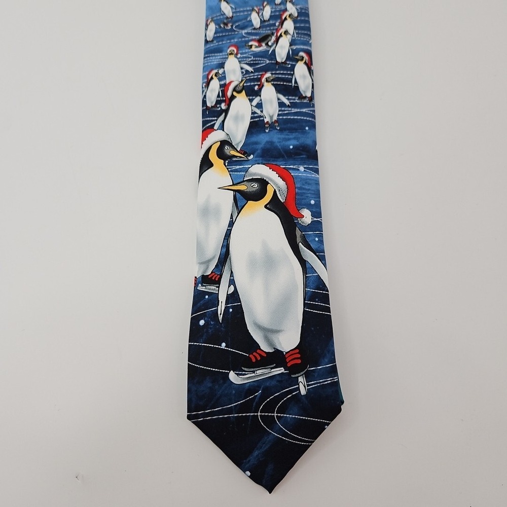 Christmas Neck Tie Ice‎ Skating Penguins Santa Hats Festive Gift Dad New - Picture 2 of 5